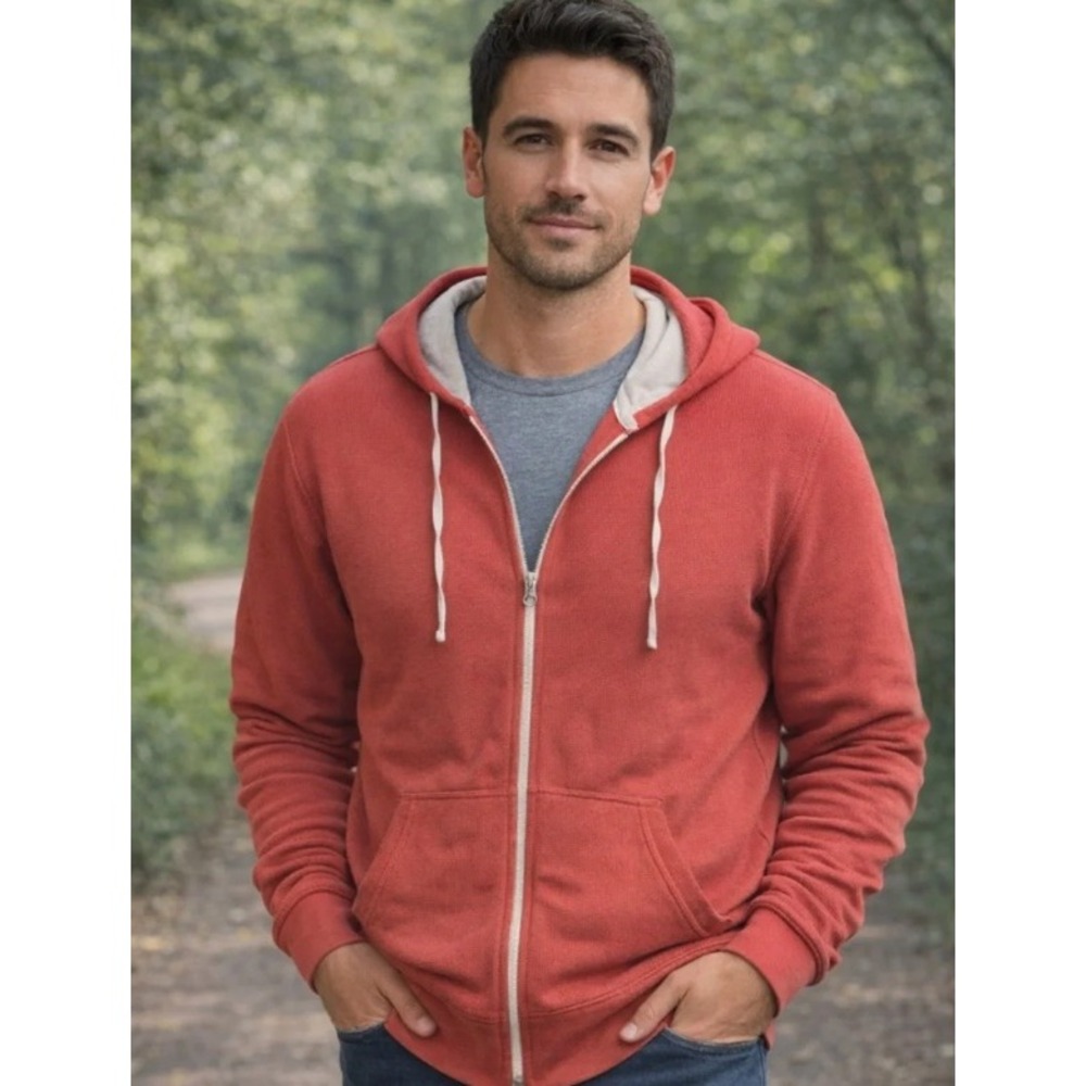 Vince Men's Orange Waffleknit Slub Thermal Full Zip Hoodie Medium Indie Y2K Warm